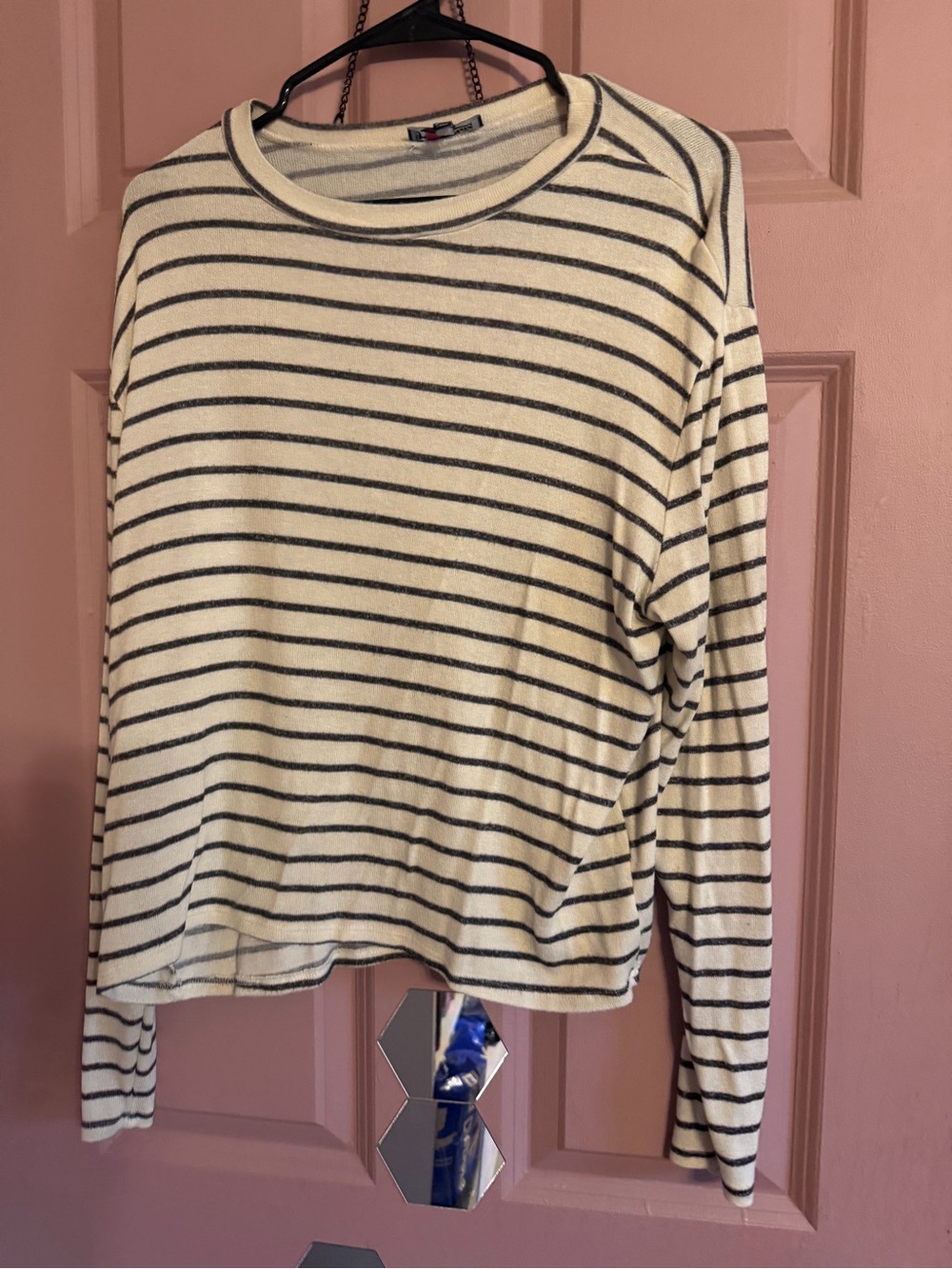 Freshman Cream and Black Striped Long-Sleeve Crewneck Top